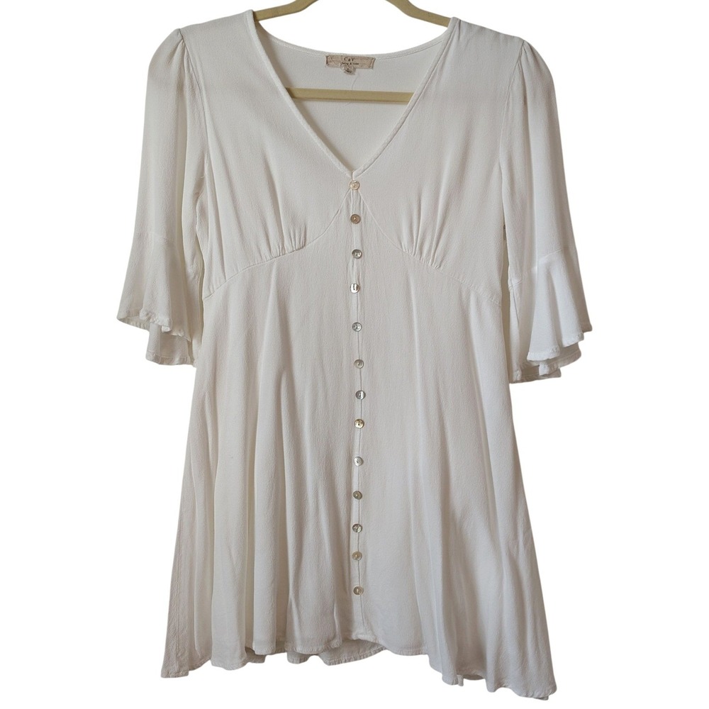 Chelsea & Violet Women's Mini Dress Small White Button Down V Neck‎ Bell Sleeve
